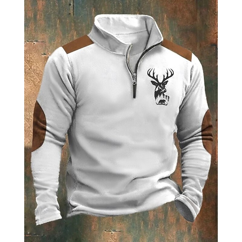 Men's Sweatshirt Quarter Zip Sweatshirt Blue Brown Khaki Light Grey Dark Gray Half Zip Reindeer Print Christmas Daily Holiday Polyester Streetwear Casual Bavarian Fall & Winter Clothing Apparel