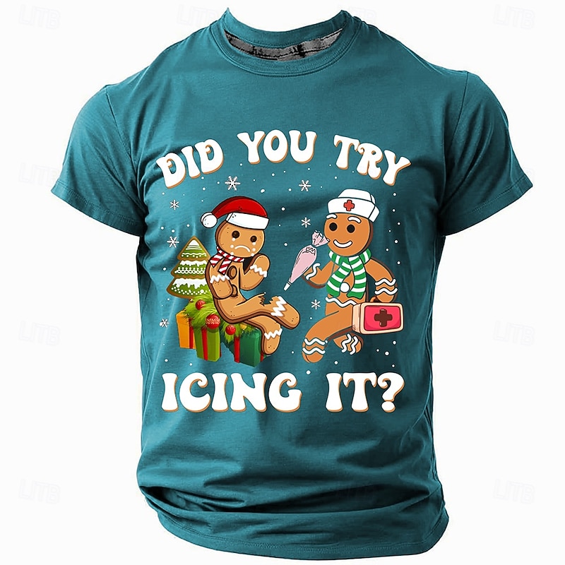 Christmas Men's Funny Christmas 3D T-shirts Gingerbread Man Casual Street Style 3D Print Tee Sports Outdoor Holiday Lake Blue Red Green Short Sleeve Crew Neck Spring & Summer Clothing Apparel S M4