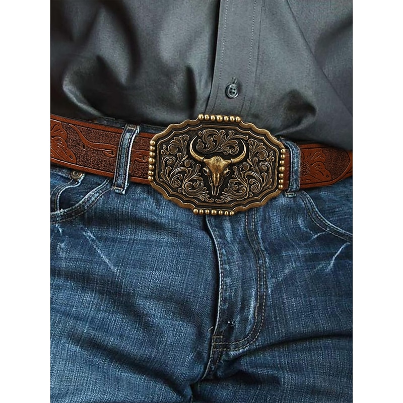 Men's Western Faux Leather Belt with Embossed Floral Design and Bull Head Buckle – Vintage Cowboy Style