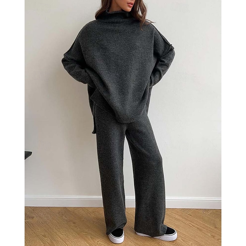 Women's Sweater Co-ords Sweater Set Casual Soft Pure Color Ribbed Turtleneck Split Knitted Long Sleeve Regular Tops Knit Outdoor Daily Weekend Khaki Dark Gray Fall Winter3