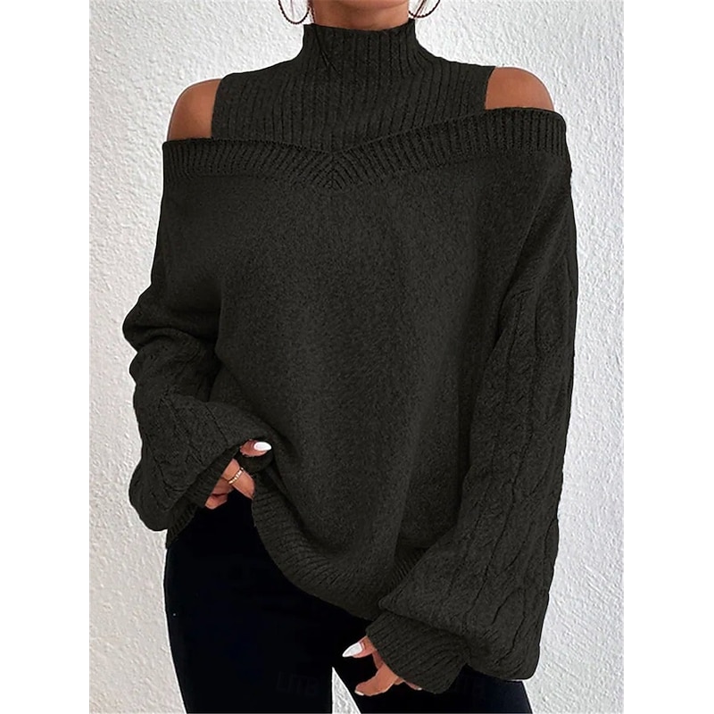 Women's Sweater Pullover Sweater Jumper Casual Soft Pure Color Ribbed Turtleneck Knitted Cold Shoulder Long Sleeve Regular Tops Knit Outdoor Daily Weekend Black Blue Fall Winter2