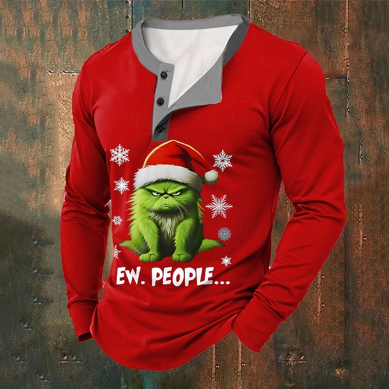 Christmas Men's Christmas animal Henley T Shirt Cat Hat Fashion Casual Print Henley Party Street Daily Red Green Long Sleeve Henley Winter Spring &  Fall Clothing Apparel Normal S M L XL XXL XXXL
