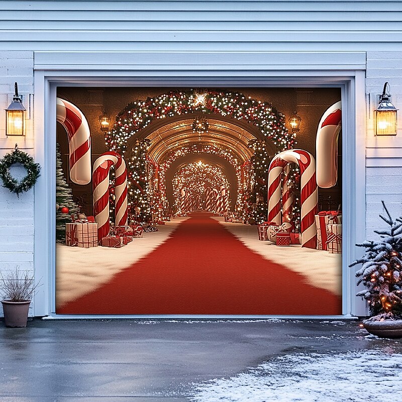 Christmas Door Decorations Garage Door Cover Xmas Candy Canes Gifts Gingerbread Outdoor Banner Large Christmas Backdrop for Holiday Outdoor Garage Door Home Wall Decorations 12