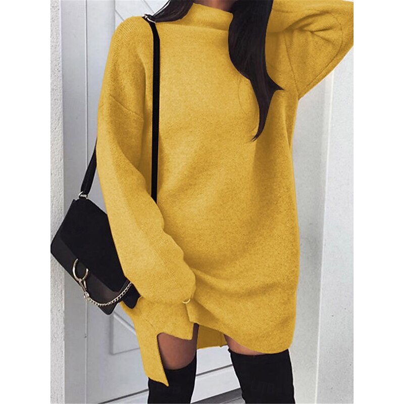 Women's Casual Dress Mini Dress Split Casual Stand Collar Long Sleeve Black Yellow Pink Color3