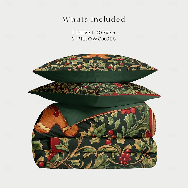 Gingerbread Man Duvet Cover Set Queen King Size  100% Cotton Christmas Comforter Set Full 3 Pieces Duvet Cover and Pillowcases Soft and Breathable for Kids and Adults Christmas Holiday Theme3