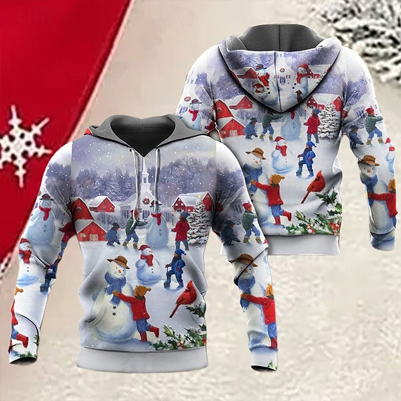 Christmas Men's Christmas Scene 3D Hoodies Graphic Pullover Blue Light Hooded Santa Claus Prints Ugly Cotton