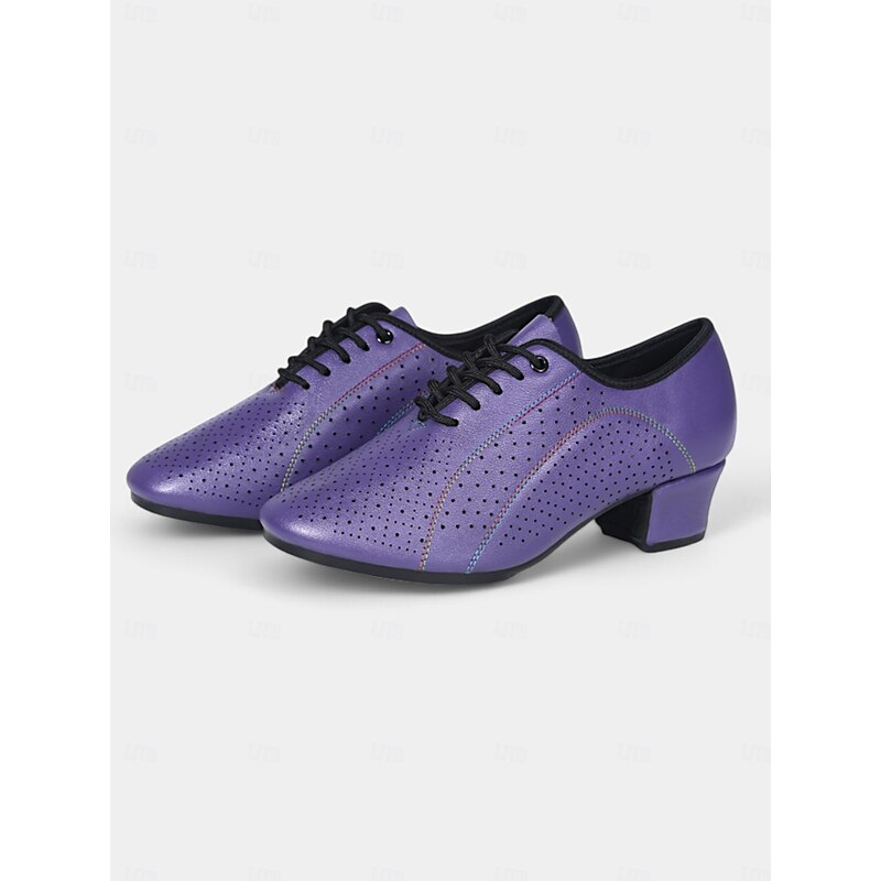 Women's Purple Perforated Leather Dance Shoes - Lace-Up Low Heel Jazz Shoes for Ballroom and Latin Dance4