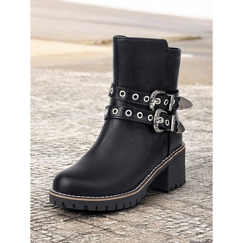 Women's Blue Ankle Boots with Double Buckle Straps and Chunky Heel – Western-Inspired Design with Metal Stud Accents for Casual and Rugged Looks3