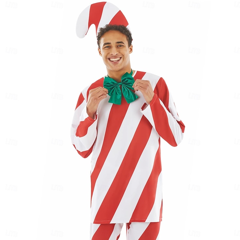 Candy Cane Costume Men's Boys' Cosplay Costume Adults Kid's Christmas Christmas Eve Christmas Top Pants Collar Hat4