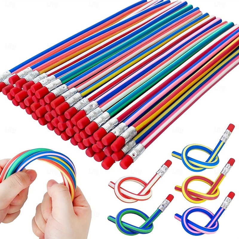 50pcs Vibrant Multi-Color Striped Flexible Pencils with Erasers - Soft Ergonomic Design for Comfortable Grip Perfect for Students Artists and Writers - Ideal Gift for Halloween Christmas Valenti