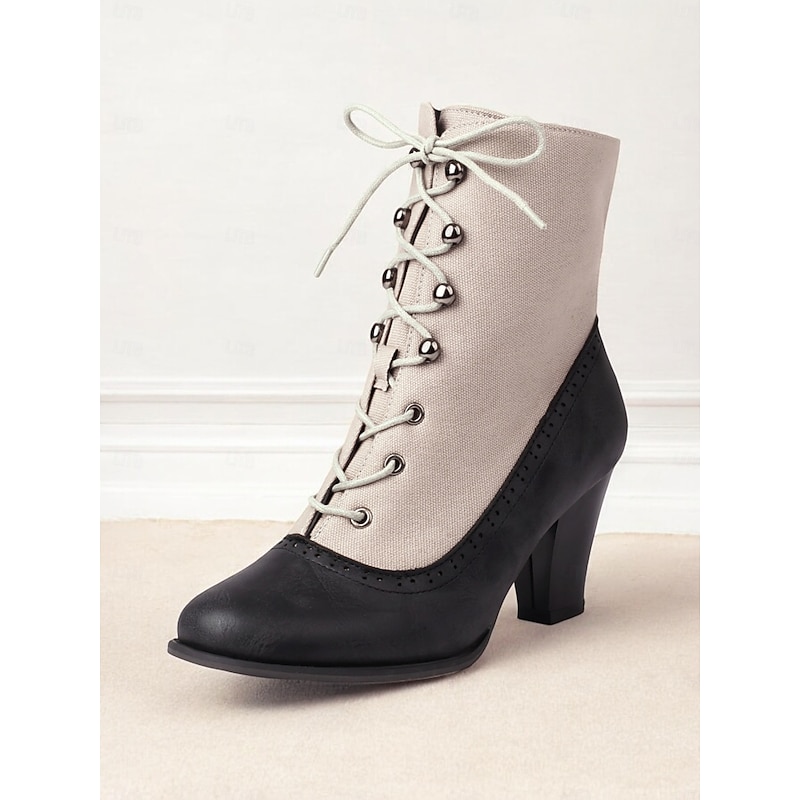 Victorian Vintage Lace-Up Ankle Boots with Heels for Women – Retro Style Faux Leather and Fabric High Heel Boots