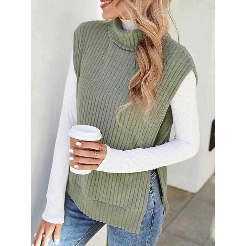 Women's Sweater Vest Casual Soft Solid Color Ribbed Turtleneck Split Knitted Sleeveless Regular Tops Knit Outdoor Daily Weekend Light Green Khaki Fall Winter