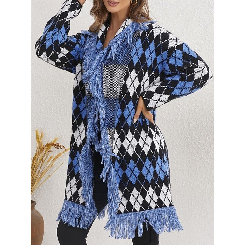 Women's Sweater Cardigan Casual Soft Pure Color Ribbed Open Front Tassel Knitted Long Sleeve Long Tops Knit Outdoor Daily Weekend Blue Fall Winter