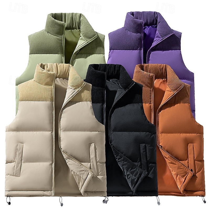 Men's Puffer Vest Gilet Quilted Vest Daily Date Vacation Fashion Casual Fall & Winter Pocket Polyester Warm Comfortable Solid Color Zipper Stand Collar Regular Fit Black Purple Green Khaki Vest