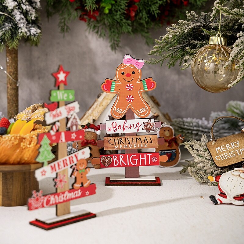 Christmas Wooden Tabletop Decor, Gingerbread Man & Christmas Tree Letter Wood Ornament for Holiday Home Decoration, Festive Table Centerpiece4