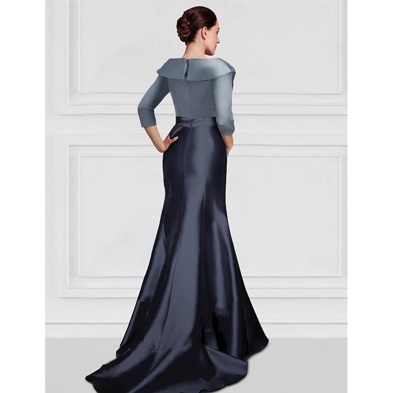 A-Line Evening Gown Elegant Dress Tuxedo Dress Black Tie Asymmetrical 3/4 Length Sleeve Shirt Collar Pocket Satin with Ruffles Pocket2