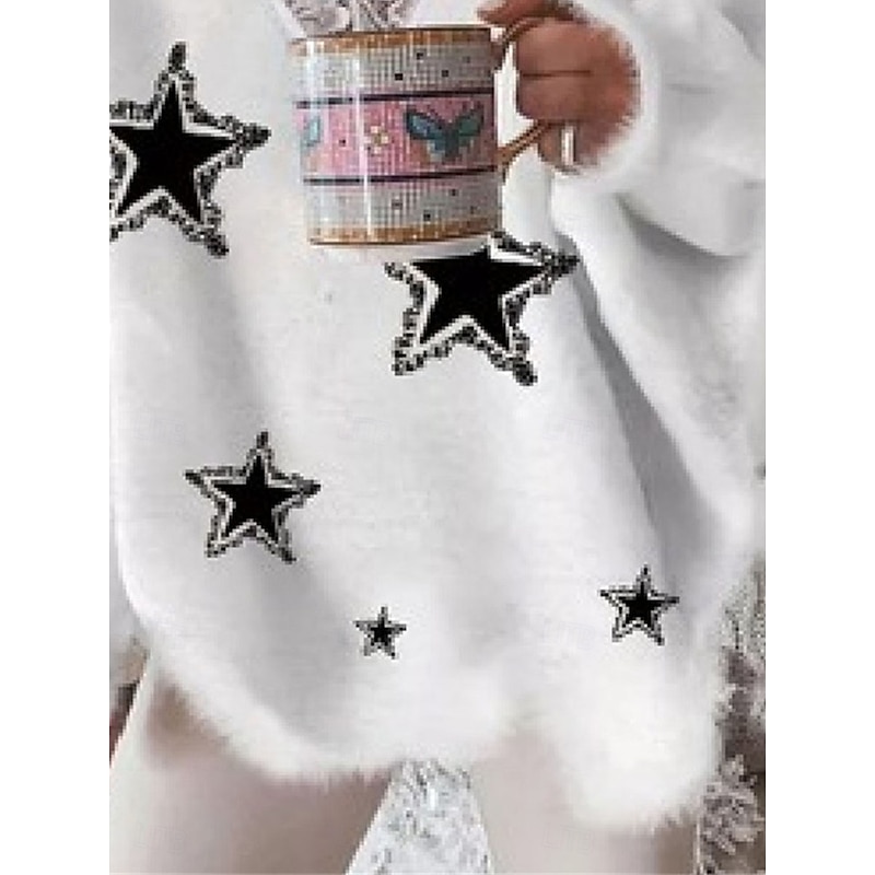 Women's  Sweater Pullover Fuzzy Jumper V Neck Ribbed Knit Lace Knitted Print Fall Winter Outdoor Daily Weekend Casual Soft Long Sleeve Star White Pink3