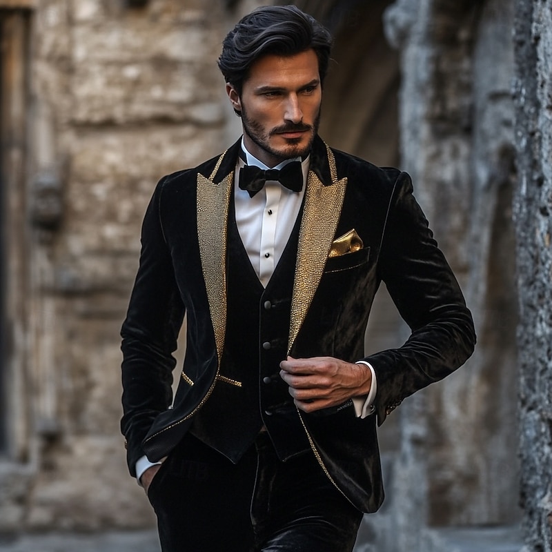 Men's Wedding Party Suits Peaked Lapel Black Fashion Party Solid Colored Standard Fit 3 Piece Single Breasted One-button