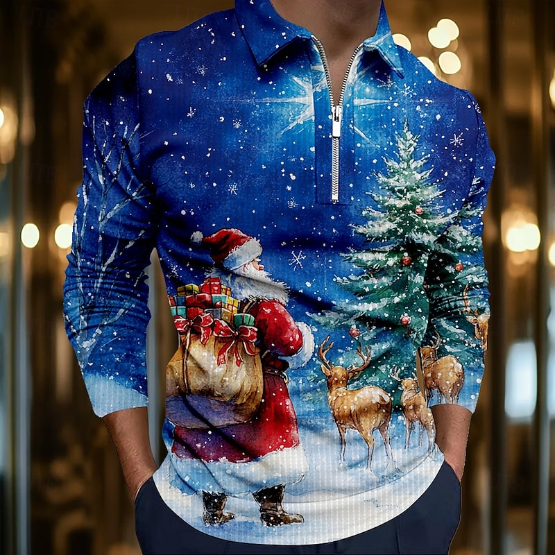 Christmas Men's Santa Claus 3D Polo Santa Claus Casual Resort Zip Long Sleeve Party Evening Vacation Spring Fall Winter Zipper 3D Print Collar Blue Inelastic Polyester
