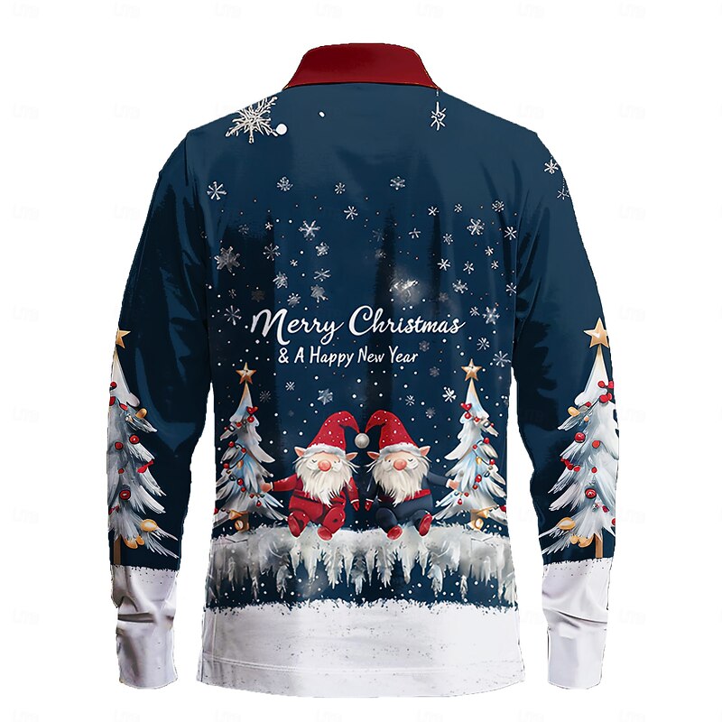 Christmas Men's Elf Polo Shirts Golf Polos Shirts Long Sleeve Polo Shirts Collar Casual Vacation Dailywear 3D Print Buttons Spring Fall & Winter Blue3
