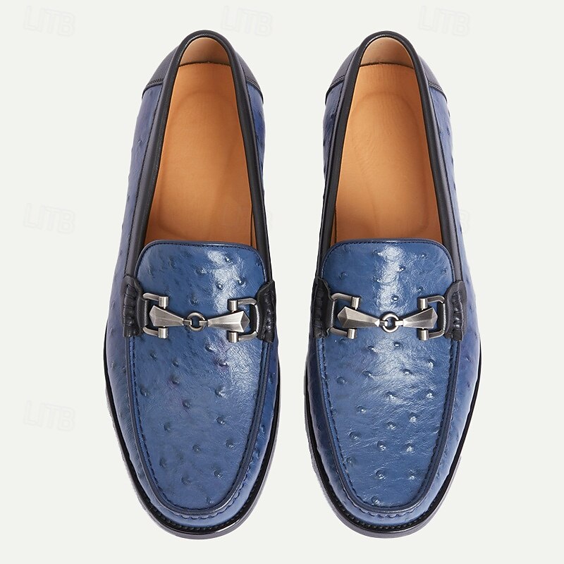 Men's Blue Premium Cowhide Leather Loafers with Ostrich Pattern and Metal Buckle Detail, Elegant Dress Shoes for Formal and Casual Occasions4