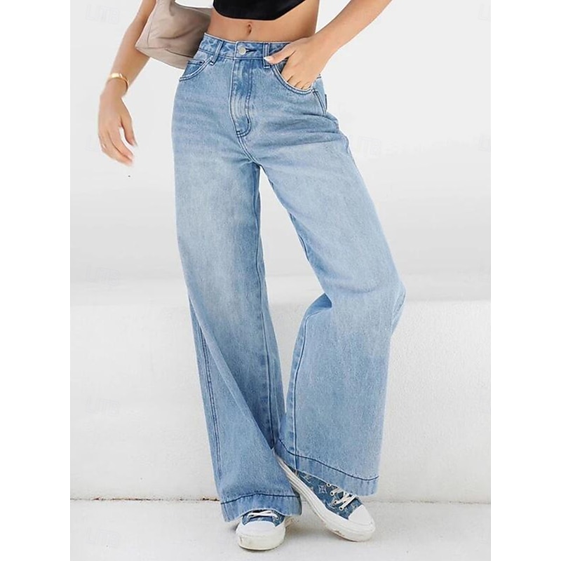 Women's Jeans Wide Leg Fashion Streetwear Full Length High Waist Plain Pocket Comfy Soft Comfortable Micro-elastic Outdoor Street Blue Spring &  Fall Spring, Fall, Winter, Summer Regular Fit3
