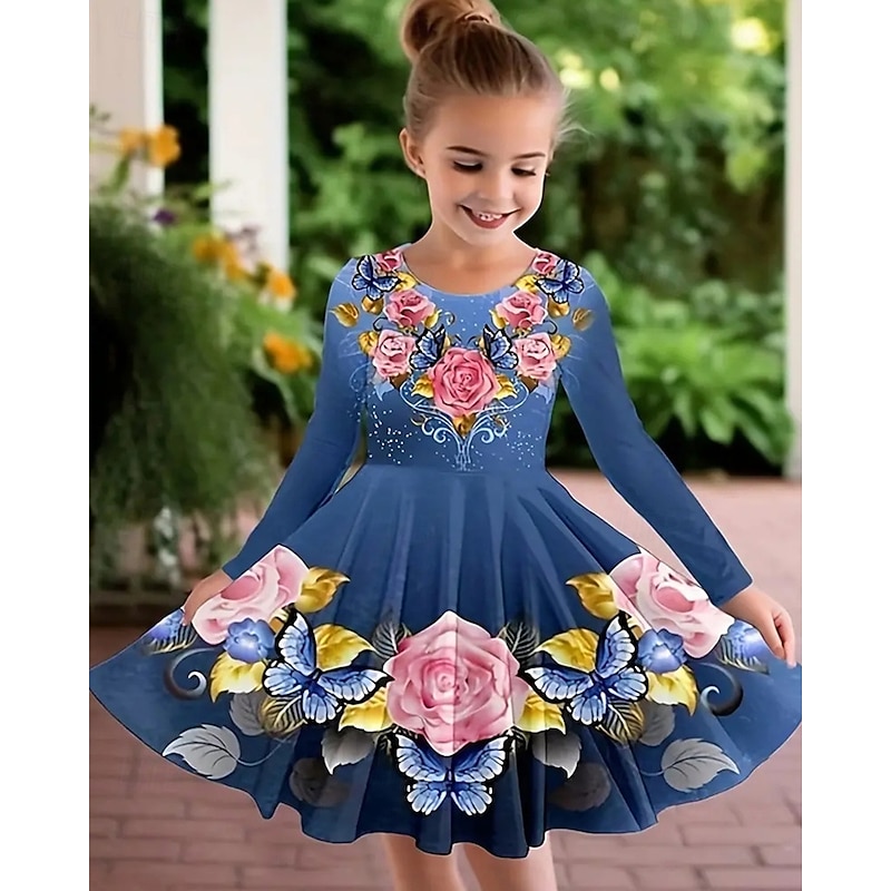 Easter Girls' 3D Graphic Flower Dress Long Sleeve Summer Spring Vacation Daily Holiday Princess Beautiful Sweet Kids 4-12 Years Casual Dress A Line Dress Knee-length Regular Fit