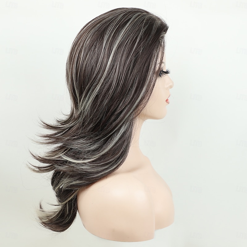 Layered Gray Wigs for White Women Short Silver Mixed Dark Brown Wigs with Dark Roots Synthetic Hair Layered Bob Wigs Natural Looking