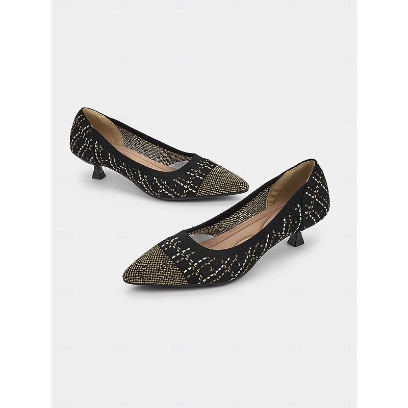 Women's Elegant Black Kitten Heels - Pointed Toe with Gold Thread Detailing, Comfortable and Stylish for Office and Evening Wear2