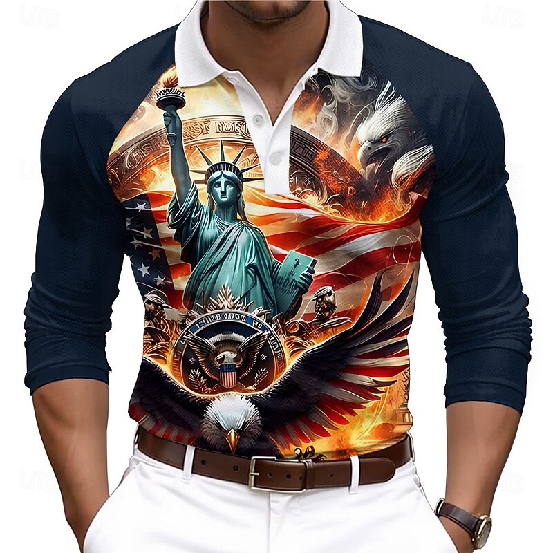 Christmas Men's USA Statue Of Liberty Polo Shirts Golf Polos Shirts Long Sleeve Polo Shirts Collar Casual Vacation Street Dailywear 3D Print Buttons Spring & Summer Dark Blue