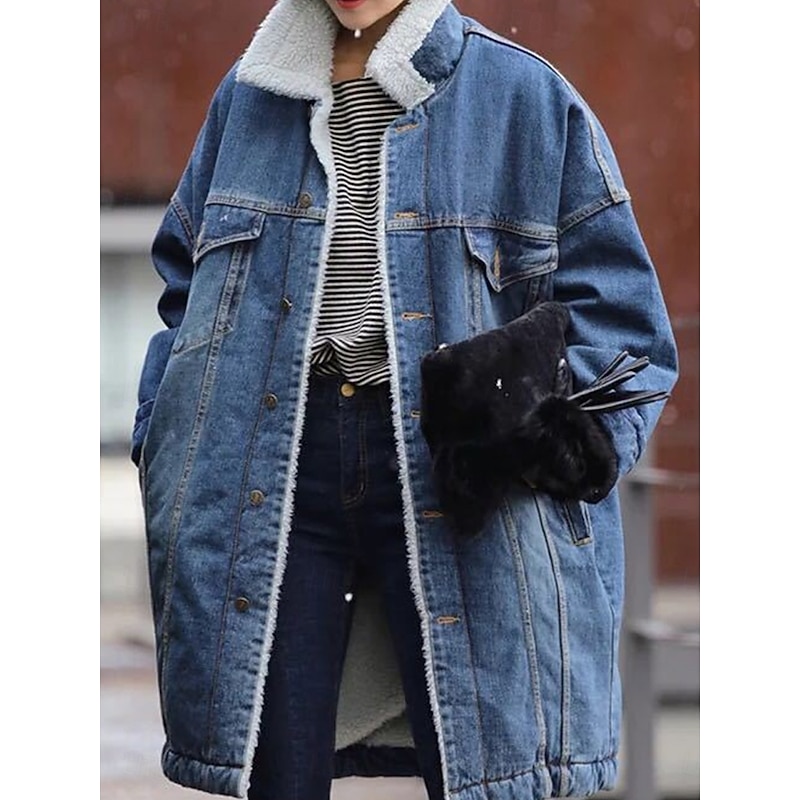 Women's Fleece Jacket Teddy Coat Denim Jacket Warm Breathable Pocket Fleece Lined Casual Plain Vacation Street Daily Wear Going out Single Breasted Long Turndown Regular Fit Long Sleeve Outerwear Blue2