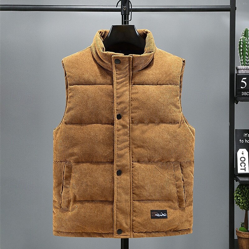 Men's Puffer Vest Corduroy Vest Quilted Vest Daily Wear Vacation Going out Fashion Basic Spring &  Fall Zipper Corduroy Comfortable Plain Zipper Stand Collar Regular Fit Black White Brown Dark Gray