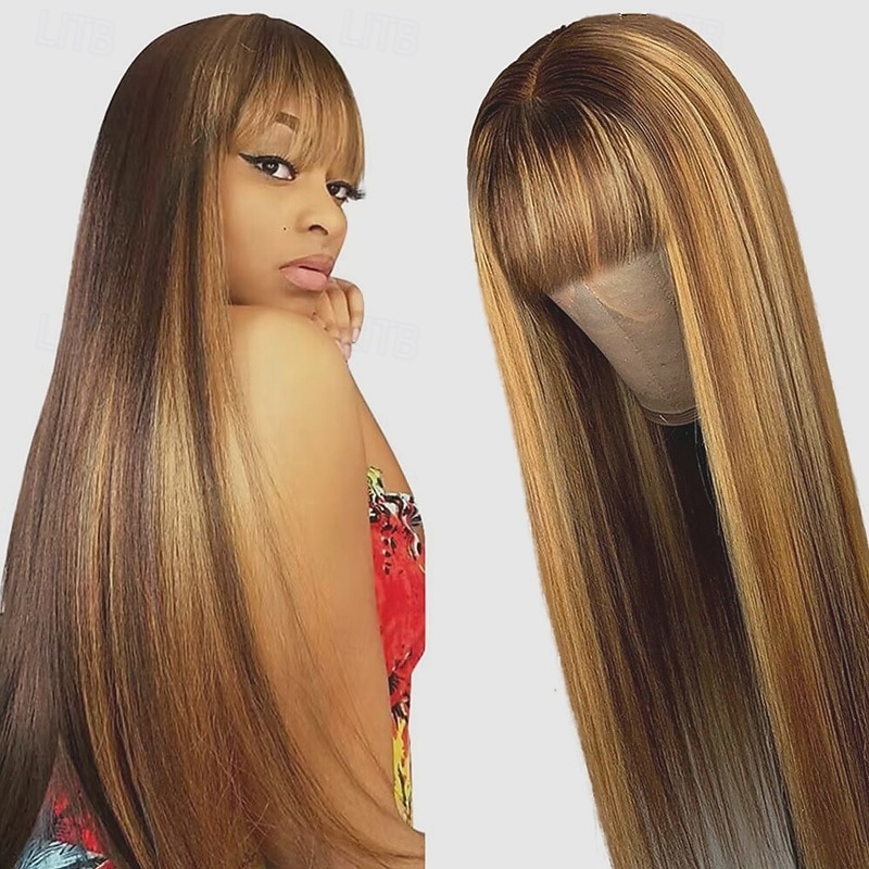 P4/27 Highlight Straight Human Hair Wigs With Bangs Full Machine Made Wigs 150% Density