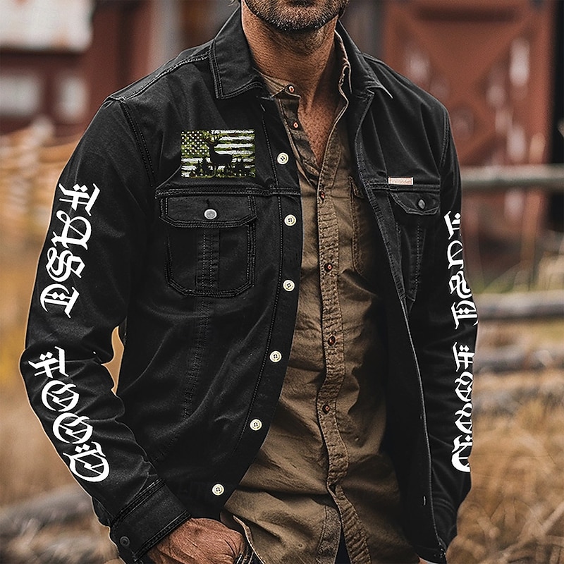 Men's American US Flag Patriotic Work Shirt Western Shirt Cargo Shirt Long Sleeve Vintage Casual Tactical Sports & Outdoor Going out Winter Spring &  Fall Turndown Print Black