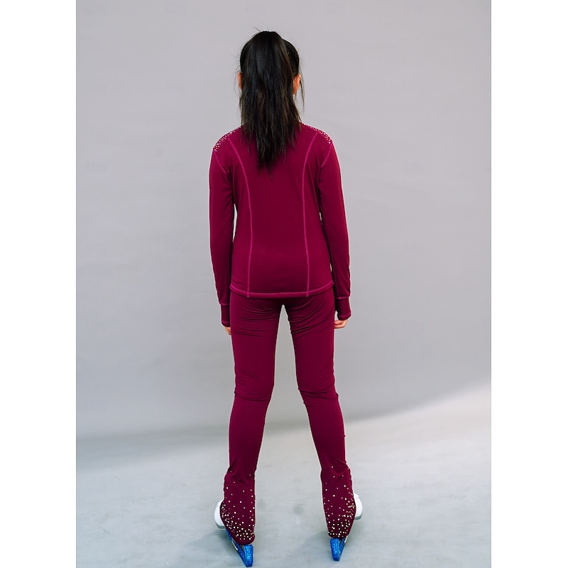 Figure Skating Fleece Jacket Figure Skating Pants Figure Skating Jacket with Pants Women's Girls' Ice Skating Jacket Tights Outfits Burgundy Patchwork Thumbhole Spandex Stretchy Training Practice4