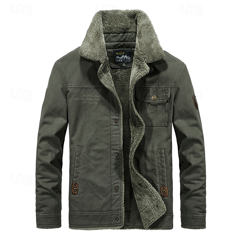 Men's Winter Jacket Fleece Jacket Casual Jacket Daily Vacation Thermal Warm Pocket Fleece Fall & Winter Plain Fashion Streetwear Lapel Regular Khaki Army Green Dark Blue Jacket
