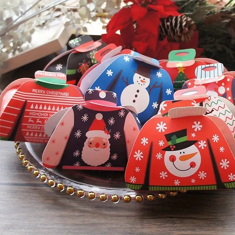 48 Pcs Christmas Ugly Sweater Treat Boxes with Handle Christmas Tree Santa Claus Snowman Gingerbread Goodies Candy Gift Paper Boxes for Christmas Gifts2