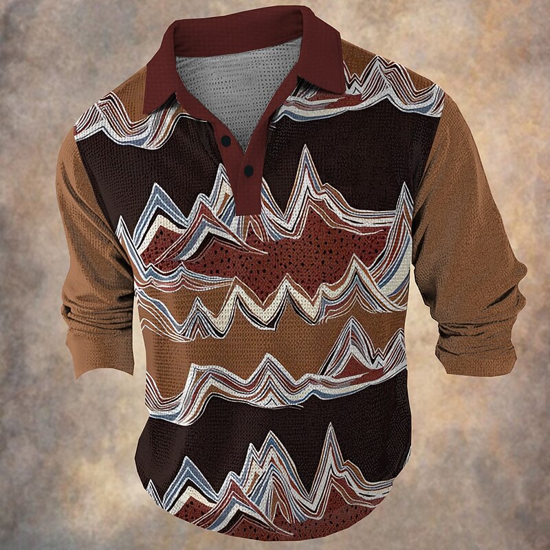 Men's Geometric Waffle Polo Shirts Long Sleeve Polo Shirts Collar Vintage Casual Vacation Party Evening Wear Dailywear Buttons 3D Print Spring Fall Winter Brown