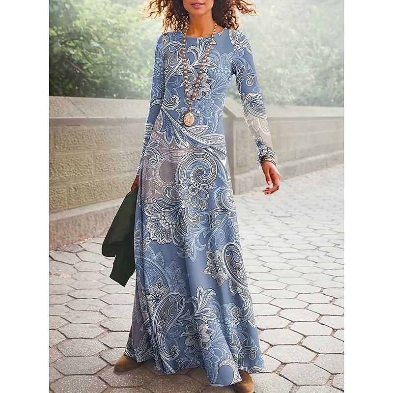 St. Patrick Women's Maxi Dress Boho Dress Print Dress Fashion Puff Sleeve Vacation Daily Holiday Regular Fit Graphic Tribal Long Sleeve Crew Neck Blue Dark Blue Spring Fall Winter