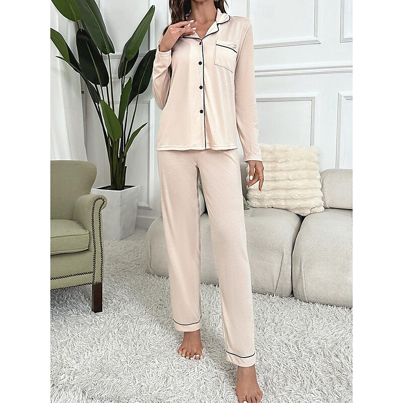 Women's Pajama Set Pure Color Casual Comfort Home Daily Comfort Warm Lapel Long Sleeve Shirt Pant Button Up Elastic Waist Fall Winter Home Outfits 6