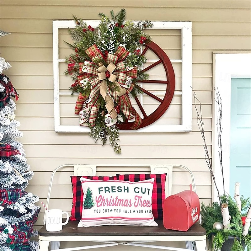 Winter Wreath-Farmhouse Wagon Wheel Red Wagon Wheel Christmas Wreath Vintage Farmhouse Wreath Design Decoration for Front Door Wall 40cm