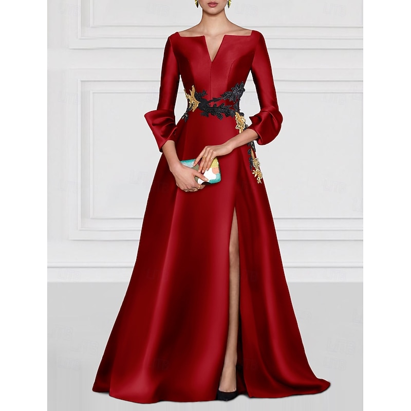 Red NavyEmbroidered A-Line Evening Gown Elegant Dress Formal Floor Length 3/4 Length Sleeve Boat Neck Satin with Beading Slit4