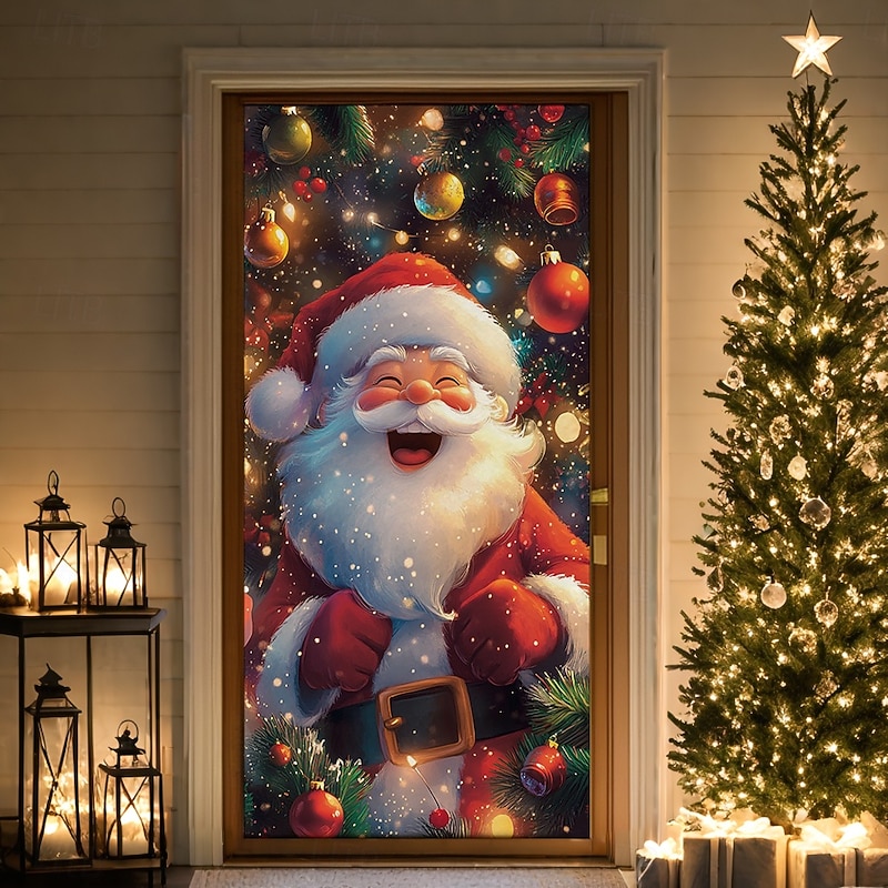 Christmas Door Decorations Door Covers Xmas Santa Door Tapestry Door Curtain Decoration Backdrop Indoor/Outdoor Door Banner for Front Door Farmhouse