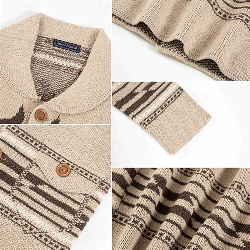 Men's Jacquard Sweater Cardigan Sweater Cropped  Sweater Ribbed Knit Regular Button Up Knitted Antelope Lapel Fashion Classic Daily Wear Date Clothing Apparel Fall & Winter khaki M L XL4