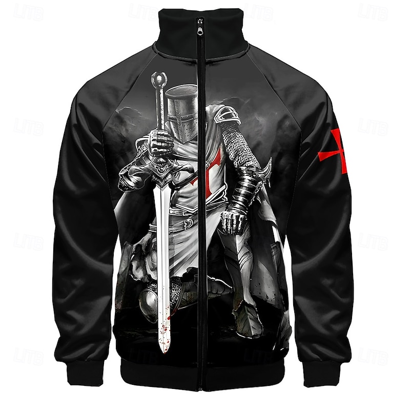 Men's Bomber Jacket Coat Comfortable Breathable Dailywear Zipper Side Pockets 3D Print Spring Fall Winter Standing Collar Long Sleeve Black