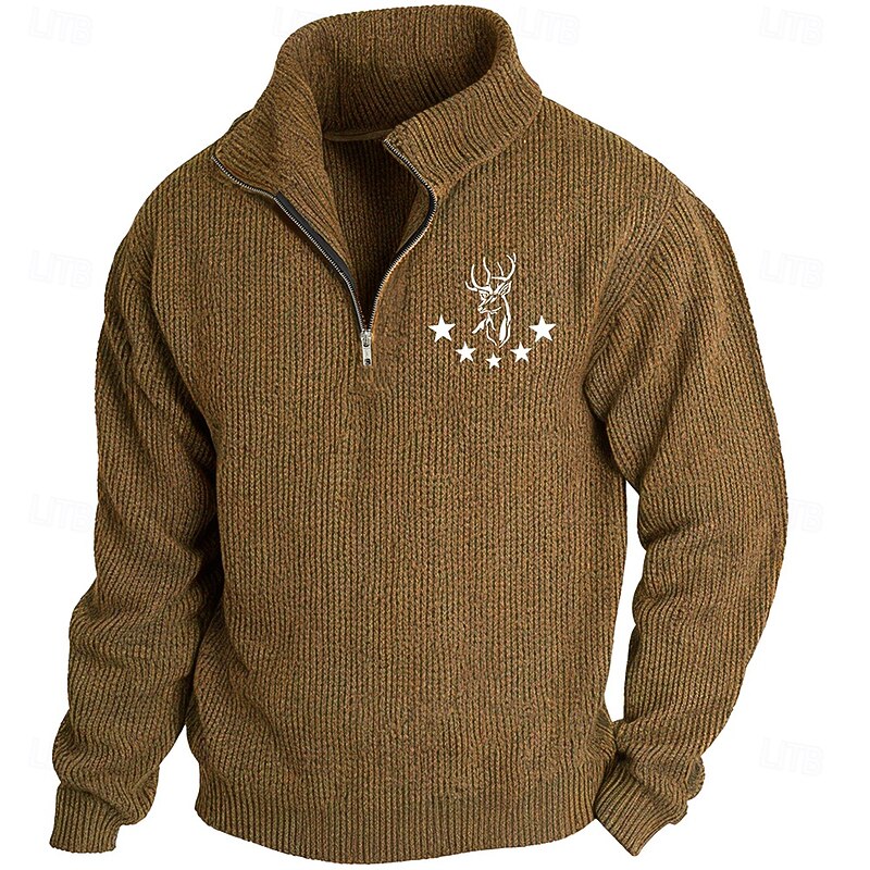Men's Reindeer Deer Pullover Sweater Jumper Zip Sweater Polo Sweater Zip Collar Retro Vintage Casual Party Evening Wear Street Daily Embroidered Knitting Warm Long Sleeve Fall Winter Army Green Khaki2