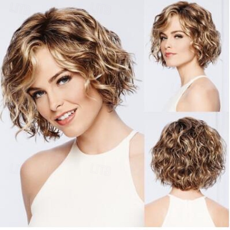 Synthetic Wig Curly With Bangs Wig Short Ombre Brown Synthetic Hair Women's Brown