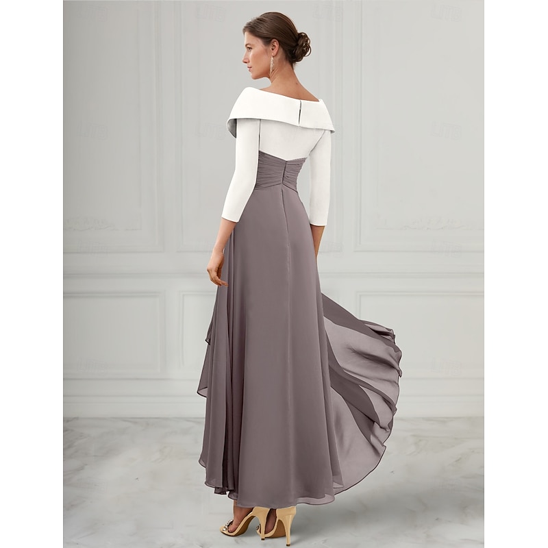 A-Line Mother of the Bride Dress Tuxedo Dress Elegant V Neck Asymmetrical Ankle Length Chiffon 3/4 Length Sleeve with Pleats2