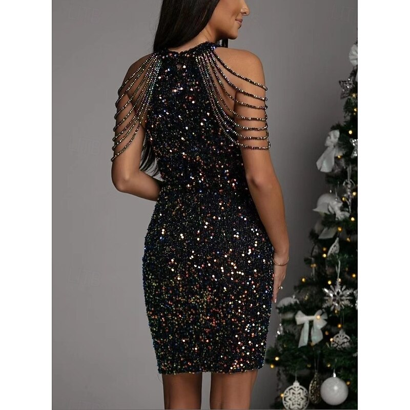 Women's Mini Dress Black Dress Sequin Dress Vintage Dress Cocktail Dress Elegant Casual Daily Holiday Regular Fit Plain Sleeveless Halter Neck Black Light Brown Green Fall Winter2