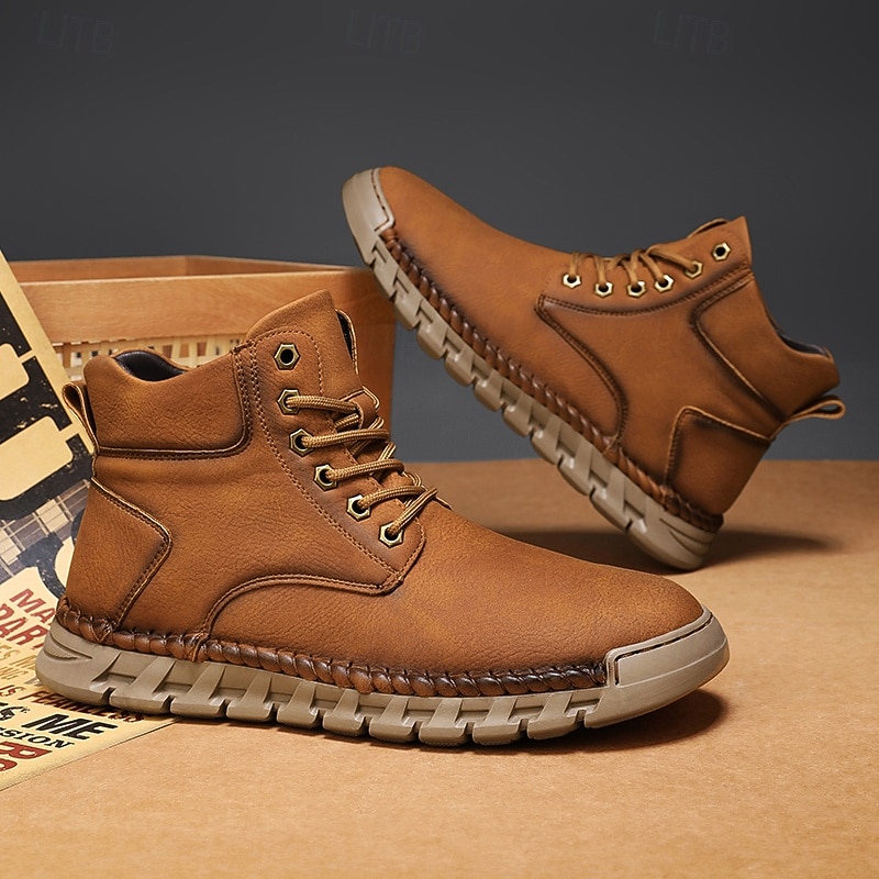 Men's Casual Faux Leather Ankle Boots - Lightweight Brown Lace-Up with Durable Flexible Sole for Outdoor and Everyday Wear3